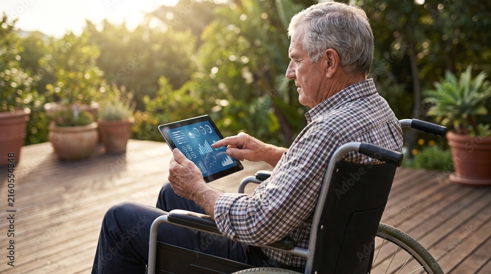 Fototapeta premium Elderly caucasian man in wheelchair using telehealth portal on tablet, sitting on sunny outdoor porch, modern senior independence, accessible healthcare, lifestyle