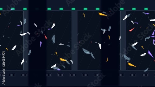 Motion Graphic of Colorful Shards Falling Against Dark Futuristic Interface Background