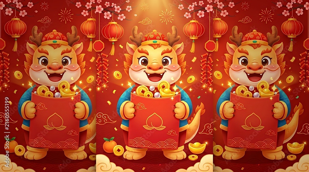 Naklejka premium Cheerful lunar cycle animal character holding a traditional crimson packet overflowing with treasure tokens and wealth symbols for a seasonal celebratory placard monkey zodiac red-envelope gold ingot