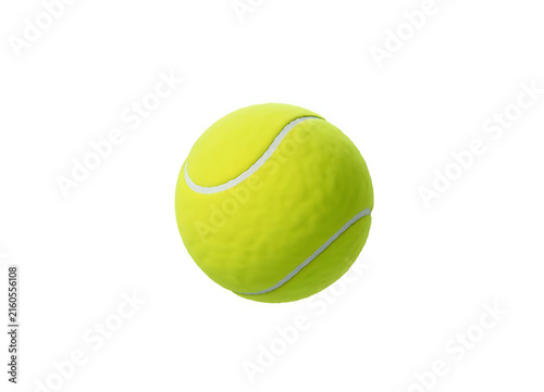 Bright green tennis ball with white curved seam lines on a plain background