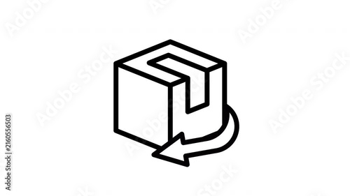 Minimalist cardboard shipping box with return arrow loop motion graphic for e-commerce refund concept