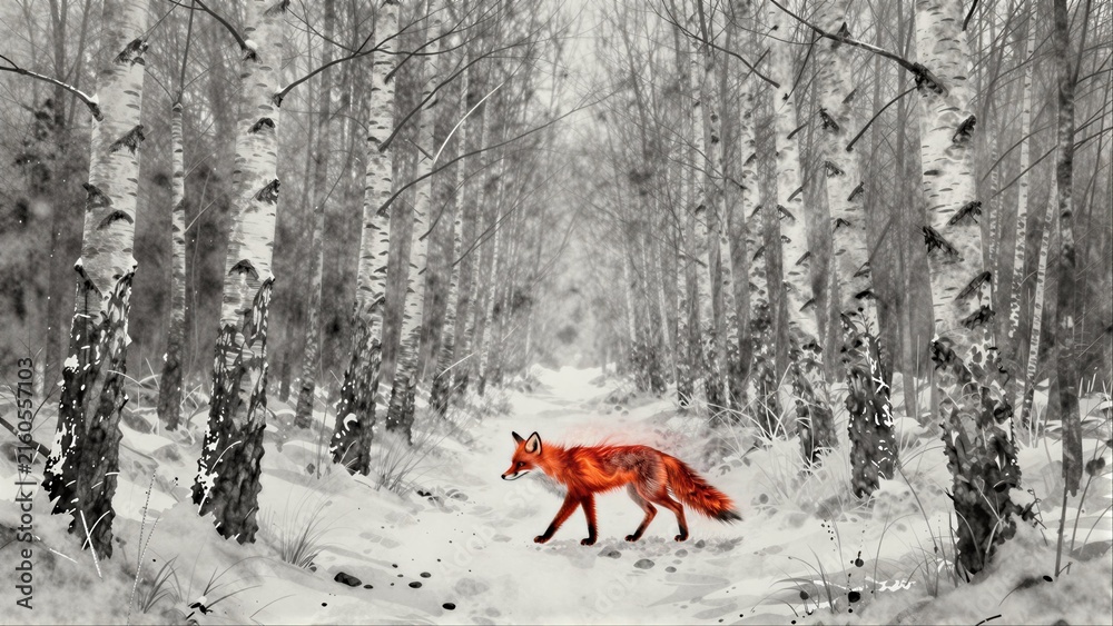 Naklejka premium Red fox wanders snowy birch forest path, serene winter landscape.