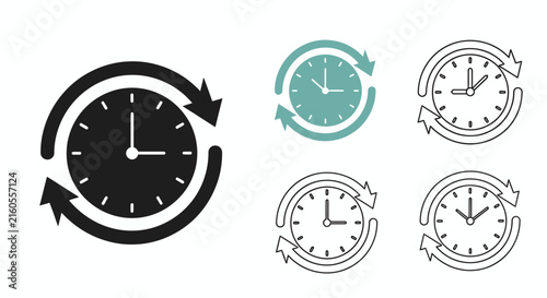 Set of circular clocks with rotating arrows in various colors.