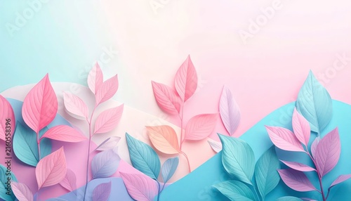 Soft Pastel Paper Cutout Leaves and Branches Background.