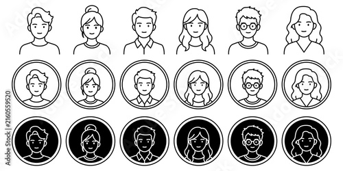 Minimalist Avatar Icon Set. Diverse Men and Women Outline Profile, People Avatar Icons Set in Black and White.