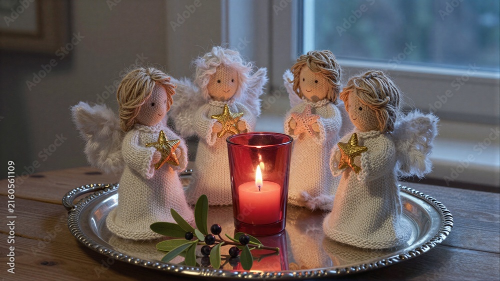 Fototapeta premium Four knitted angels hold stars around a glowing candle on a silver tray.