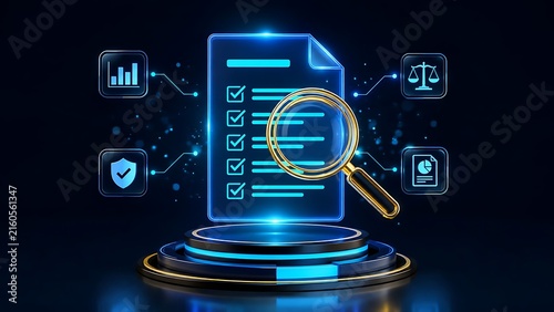 Magnifying glass inspecting glowing digital checklist document with compliance and security icons on futuristic podium