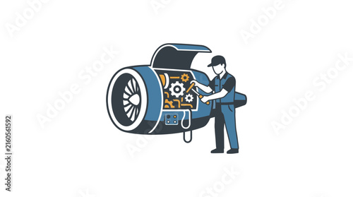 Aviation Mechanic Repairing Jet Engine Illustration