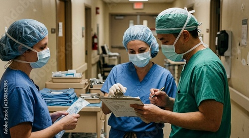 Understaffed evening surgical team quickly reviewing the checklist before an urgent case