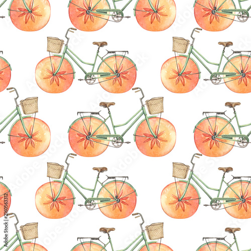 Canvastavla Watercolor seamless pattern with hand-drawn bicycle with wheel - orange persimmon fruit slice on white background