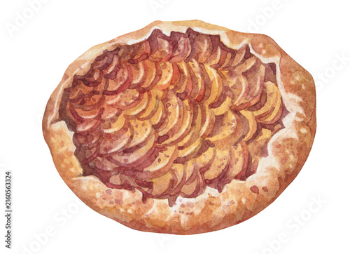 Watercolor warm cinnamon apple pie isolated on white background. Hand-drawn cozy autumn dessert for bakery menu or food packaging and recipe blog. Sweet clipart for kitchen wallpaper or wrapping