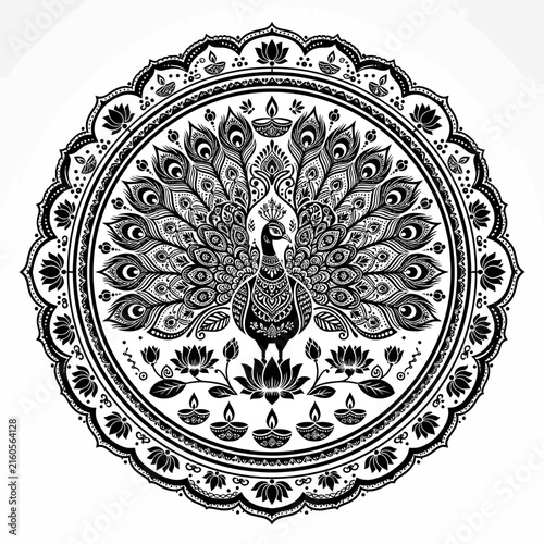 Indian Peacock Round Mandala Vector. Ornate Peahen Bird Design With Lotus Flowers, Diya Lamps And Floral Border. Ethnic Symbol For Henna Art, Mandala Coloring