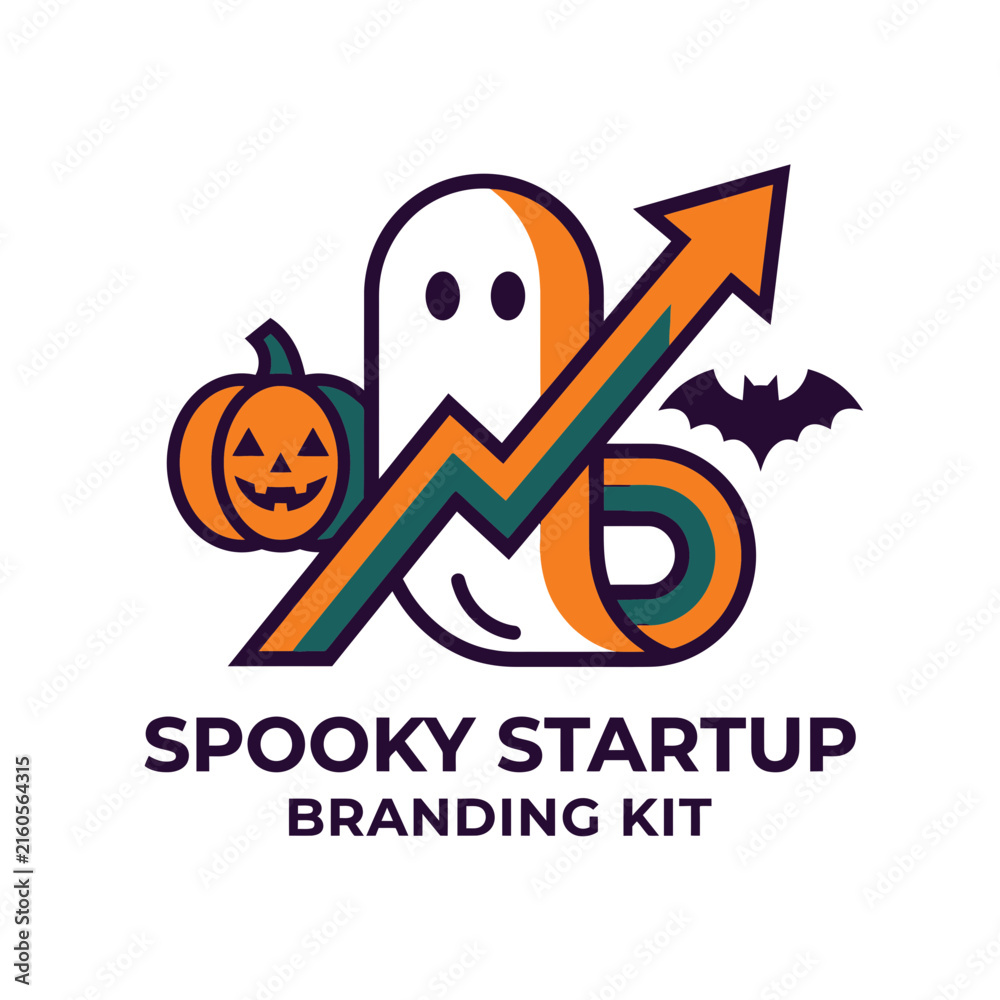 Naklejka premium Halloween Ghost and Pumpkin with Upward Growth Arrow Vector Illustration for Spooky Business Branding
