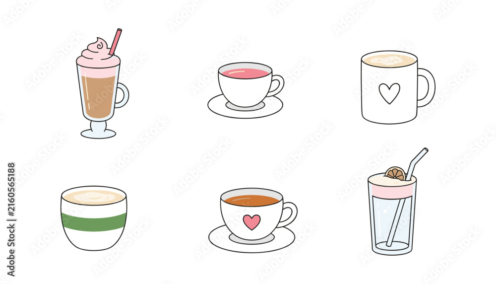 Fototapeta premium Cute Coffee Cup and Tea Mug Vector Set with Frappe, Latte Art, and Heart Designs for Pastel Cafe Menus and Romantic Beverage Illustrations