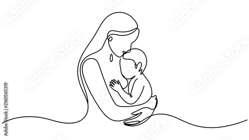 A Minimalist Continuous Line Drawing of a Loving Mother Holding and Comforting Her Baby