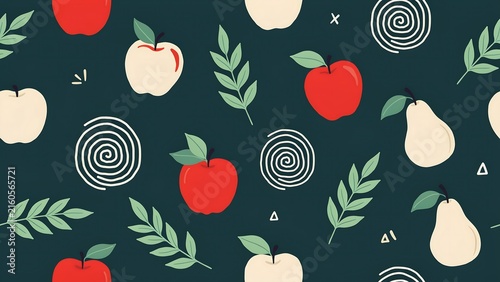 Seamless Pattern Design with Red and Cream Apples Pears and Foliage Elements on Dark Background