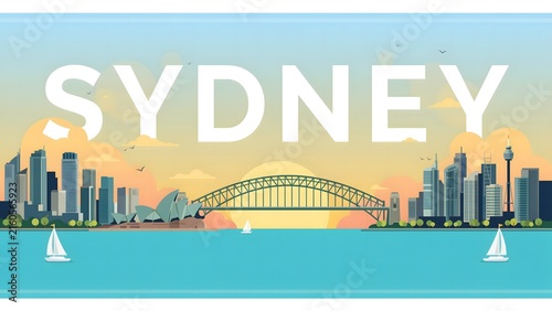 Minimalist Vector Illustration of Iconic Coastal City Skyline at Sunset featuring Harbour Bridge and Sailboats