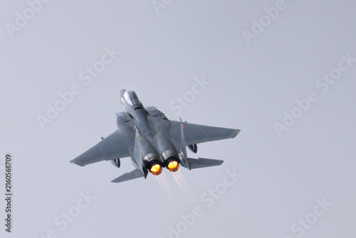 Obraz na plátně Top view of a F-15 Eagle with afterburners on, in beautiful light
