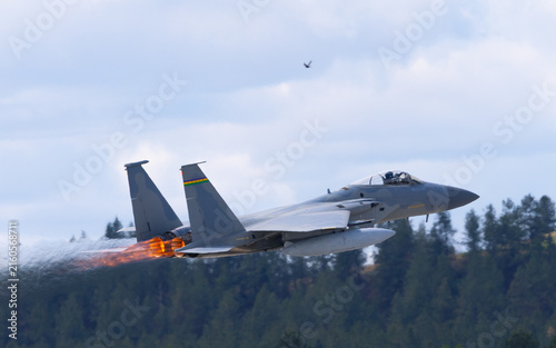 Obraz na płótnie Side view of a F-15 Eagle  with afterburners on,  in a low pass