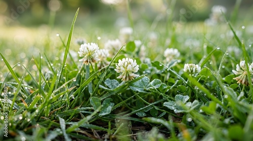 Close-up of white clover flowers blooming in green grass field.