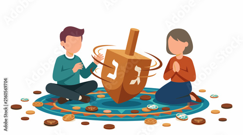 Foto Happy people spinning dreidel for Hanukkah festival celebration flat vector illu