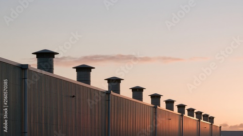 The ridge of a low industrial shed at dawn under a soft grey sky in gentle morning light with an open, uncluttered composition