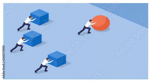 Isometric Illustration of Business People Pushing Geometric Shapes as a Metaphor for Smart Innovation and Efficiency