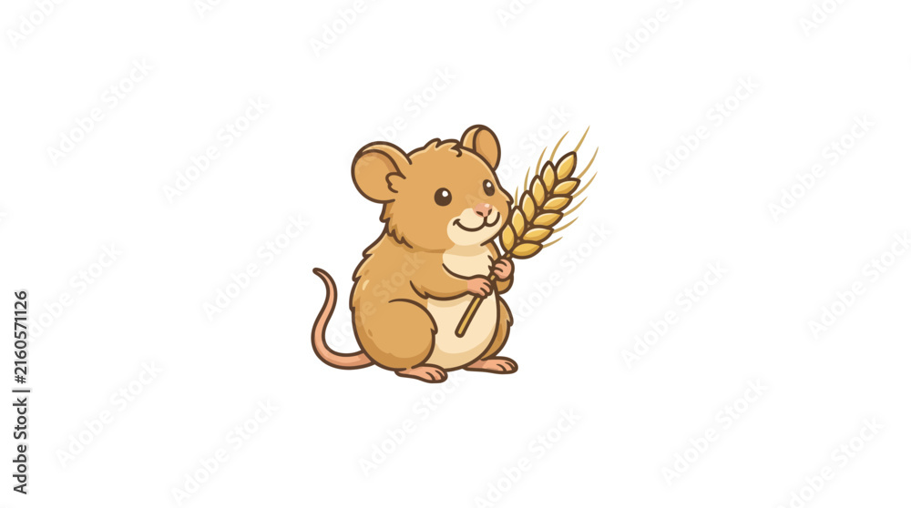 Fototapeta premium Cute Cartoon Mouse Holding a Wheat Ear Isolated Vector Illustration
