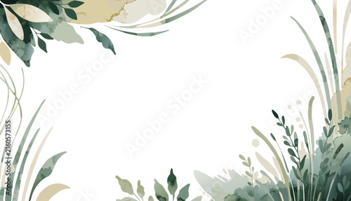 Abstract botanical watercolor border with organic shapes and soft color palette on white background