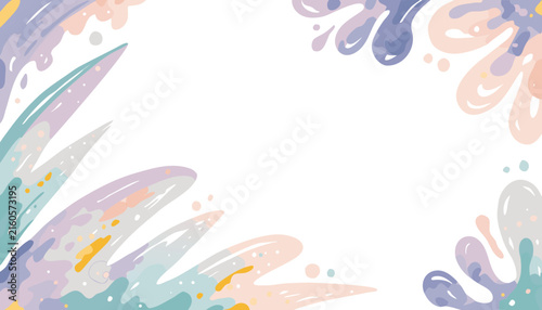 Abstract watercolor splashes and leaves in pastel colors on a white background with copy space