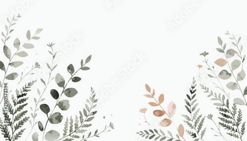 Delicate watercolor foliage flourishes against a clean white background with subtle muted tones
