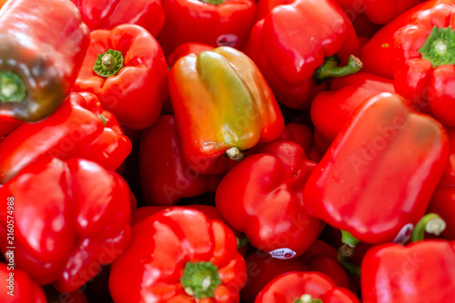 Raw red peppers with stalks in a bin at a farmer's market. The sun is shining on the thick, rich, bright red skin. There are some green and yellow unripe vegetables among the bunch on the table.
