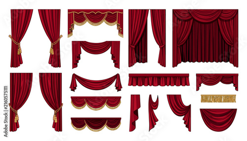 Foto Red Curtains Set with Gold Tassels and Decorative Borders Featuring Stage