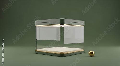 Modern glass display case with gold ball on green surface