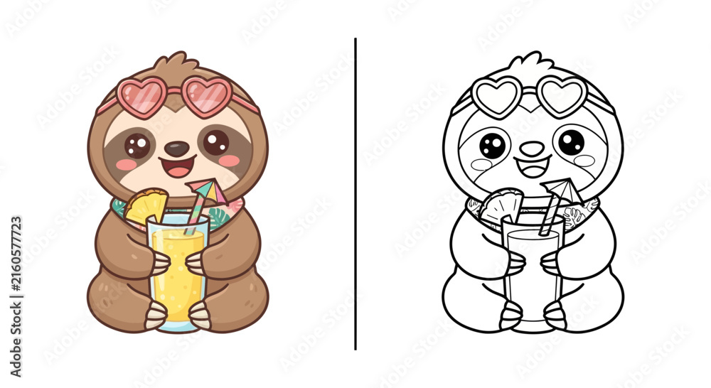 Naklejka premium Cute kawaii sloth pineapple smoothie kids coloring page vector