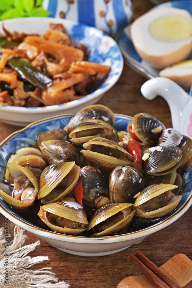 Fototapeta premium Marinated river clam, Taiwan food appetizer