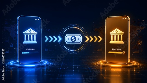 Two glowing smartphones transferring a digital dollar bill across a tech background. Concept of mobile finance application and money transfer.