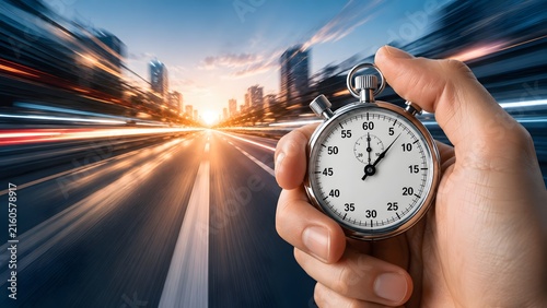 Hand holding silver stopwatch against blurred city street light trails. Concept of urban logistics time management and urgent transportation deadline.