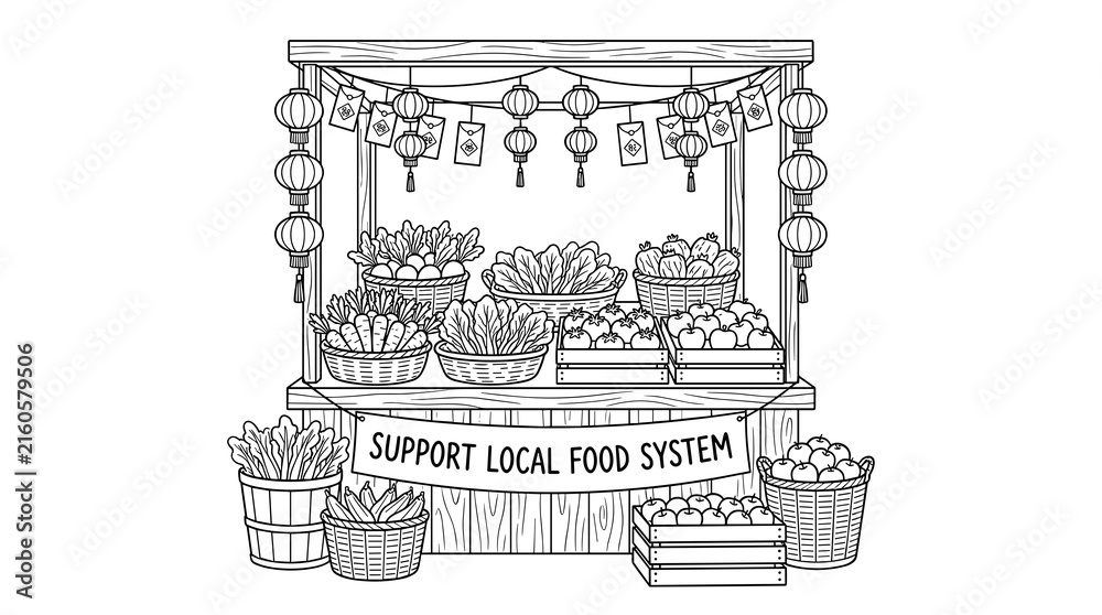 Fototapeta premium Farmer's market stall with fresh produce, baskets of vegetables and fruits, and decorative lanterns. Includes banner with text.