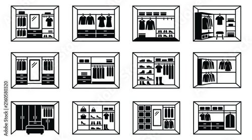 Clean Minimalist Black and White Wardrobe and Closet Organization Design Icons Set with high quality professional line art symbols for modern creative design and digital branding projects