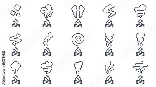 Clean Minimalist Black and White Smoke and Fire Symbols for Icons Logos or Design Projects with high quality professional line art symbols for modern creative design and digital branding projects
