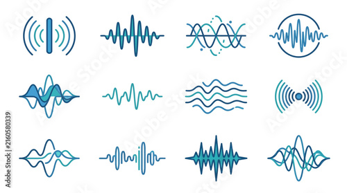 Clean Minimalist Collection of Blue Sound Wave and Audio Signal Icons Set for Digital Media with high quality professional line art symbols for modern creative design and digital branding projects