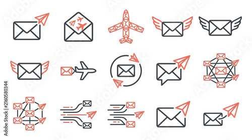 Clean Minimalist Email and Speed Themed Icons Set with Red and Black Color Scheme with high quality professional line art symbols for modern creative design and digital branding projects