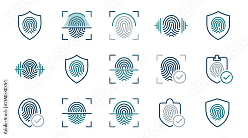Clean Minimalist Fingerprint Security Icons Set with Shield and Verification Symbols in Blue Grey Color Palette