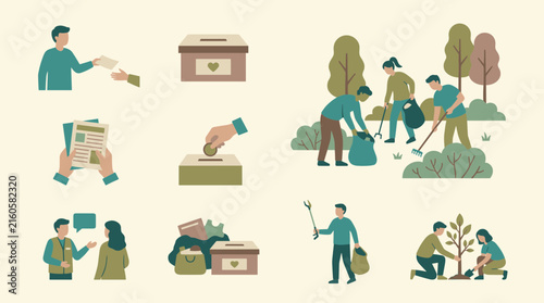 Flat design icon set showing community service and volunteering activities like planting trees and cleaning parks