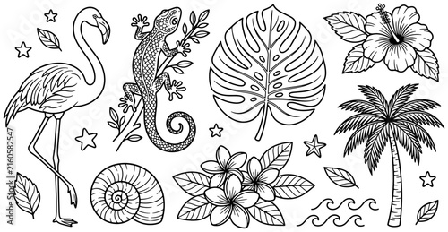 Tropical summer elements collection with flamingo lizard and exotic flowers in a hand drawn line art style