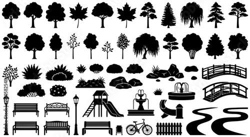 Set of black park silhouettes featuring various trees bushes benches bridges and playground equipment for landscape design