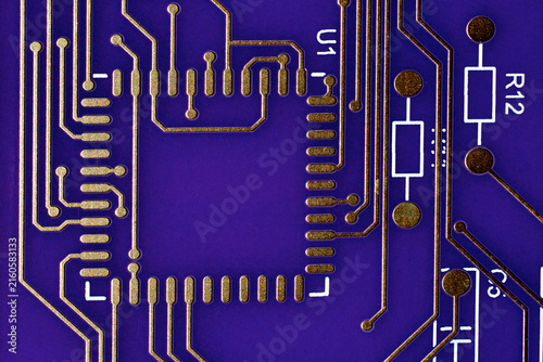 Obraz na plátne Closeup of Component placement with conductor traces on purple circuit board