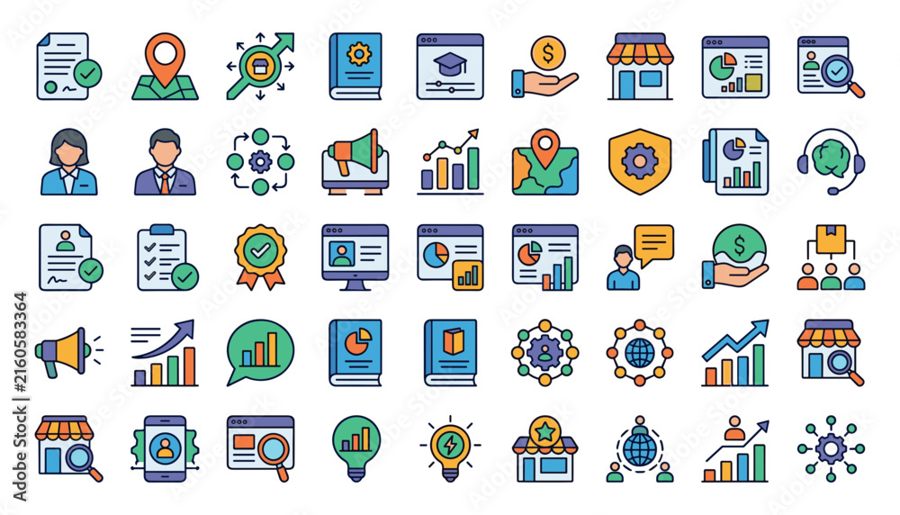 Naklejka premium Business Marketing and Digital Commerce Colorful Icon Set