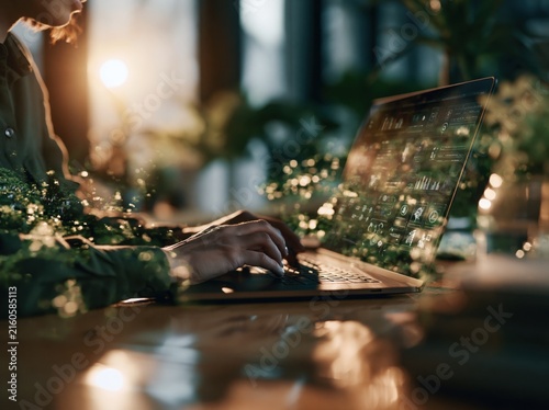 Adult hands typing on laptop with green digital interface
